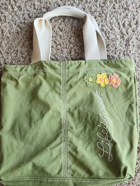 Life Is Good Handbags - Life Is Good Green Floral Canvas Tote Bag with Cream Handles